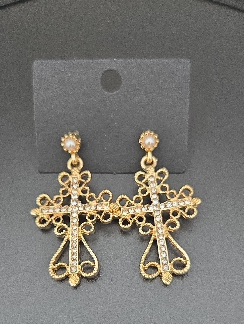 Gold Filigree Cross Drop Earrings with Crystal Accents